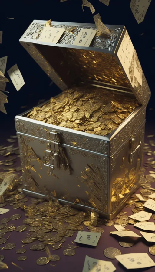 a chest of gold coins with a bunch of money flying around it