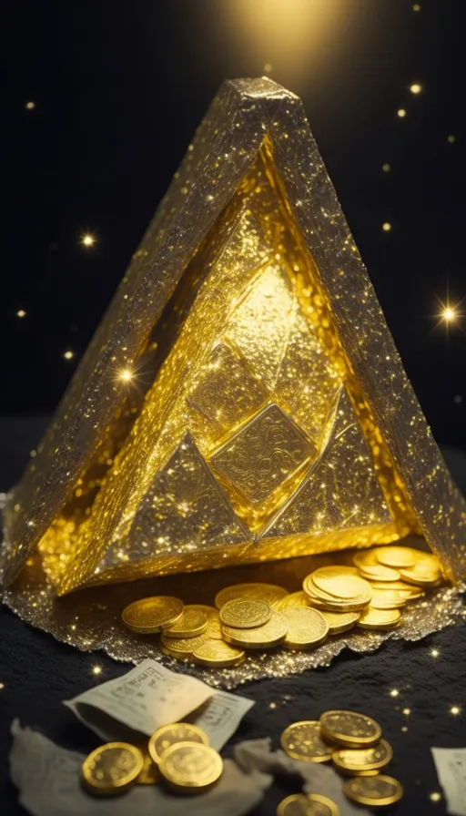 a gold pyramid with some gold coins around it