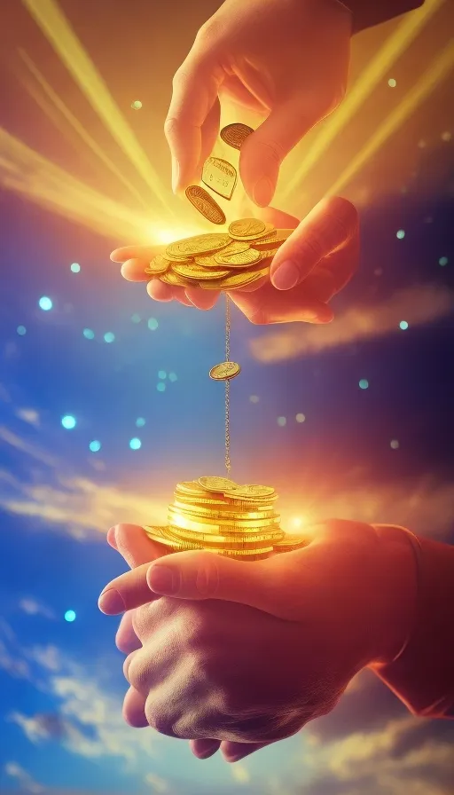 two hands reaching for a stack of gold coins