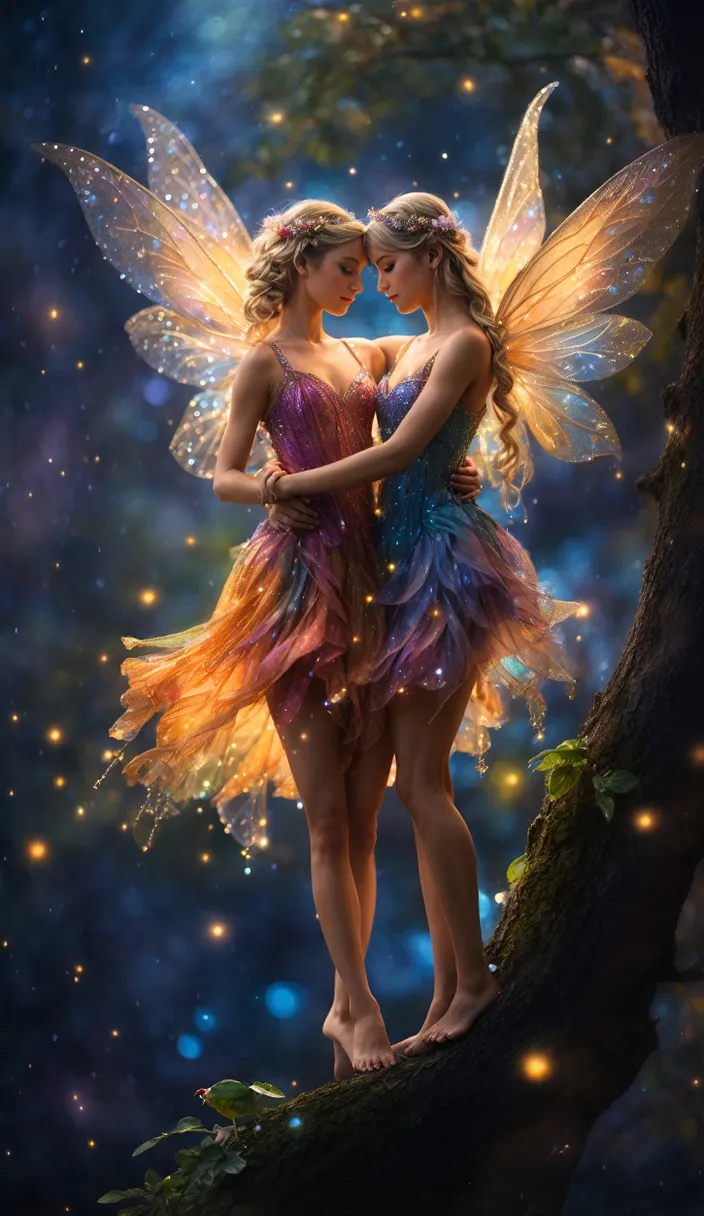 Two fairy girls in love standing on a tree branch at sunset