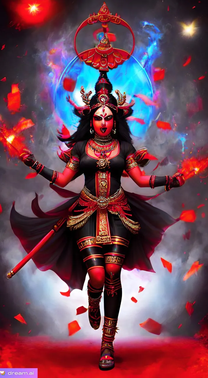 a woman, Goddess Kali in a red and black outfit holding a sword, fighting, animated 3d, brilliant special effects, 9:16 ratio