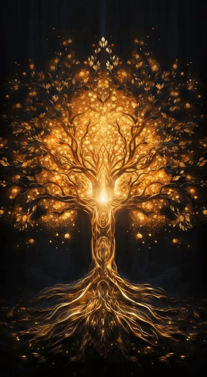 a golden tree with a glowing light coming out of it