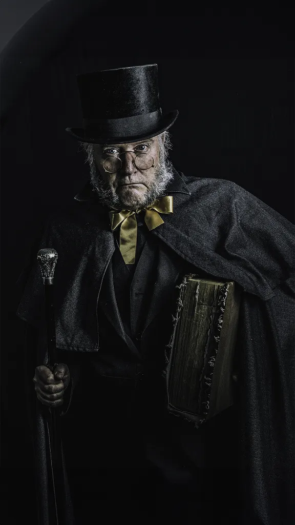 A sideways view portrait drawing of Ebenezer Scrooge from A Christmas Carol, holding a lit candle and with a red curtain background