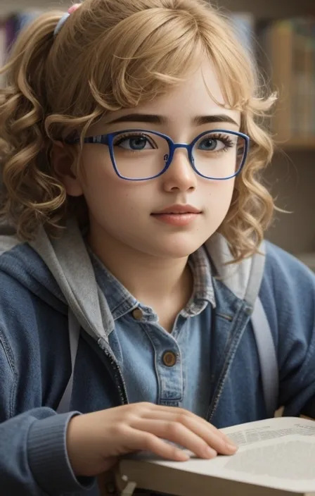 a little girl with glasses reading a book and speaking