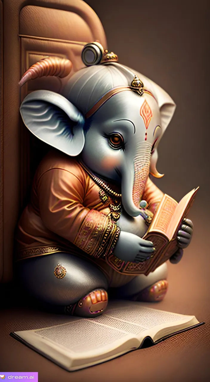 A painting of baby Ganesha Thakur, reading a book, eyes are blinking, 9:16 ratio