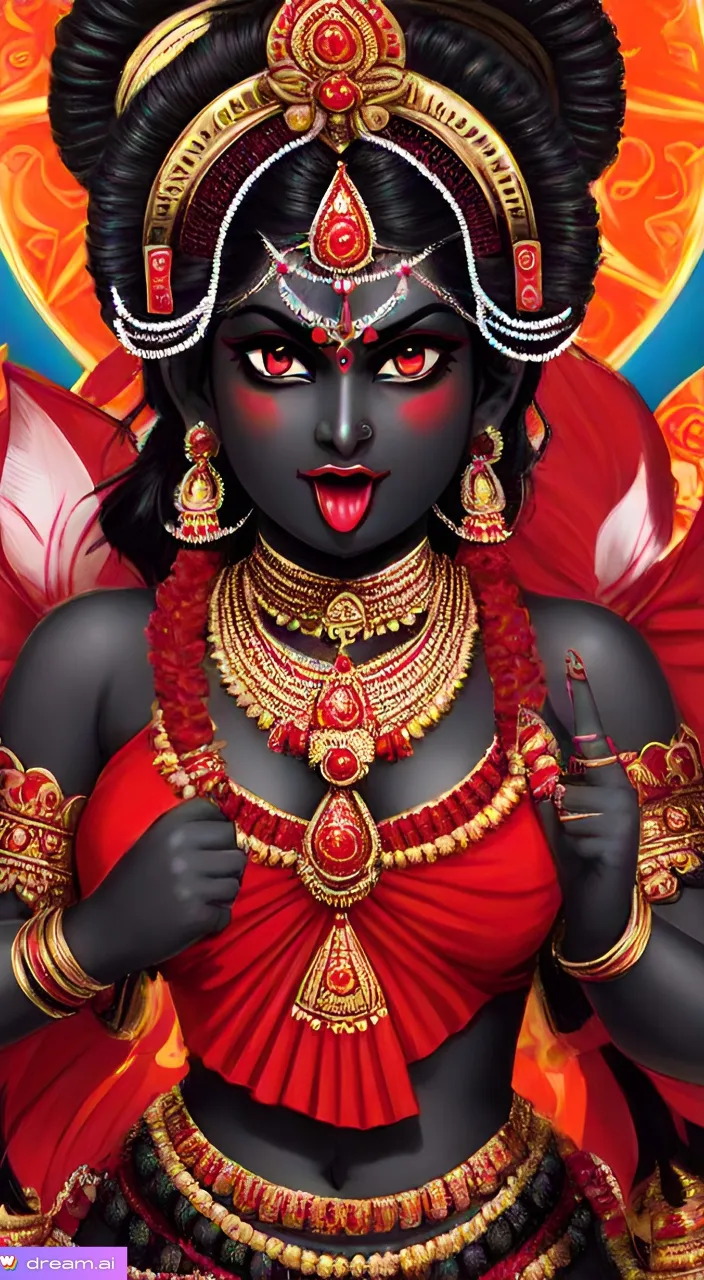 a painting of a woman, Goddess Maa Kali in red and gold, only eyes are blinking, 9:16 ratio