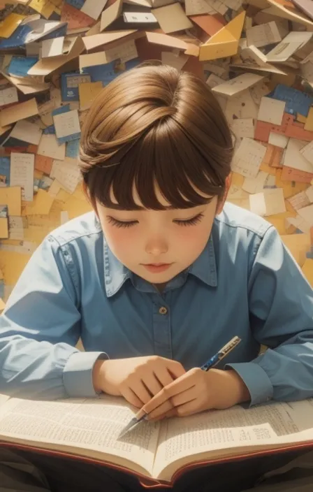 a young boy sitting at a desk writing on a book