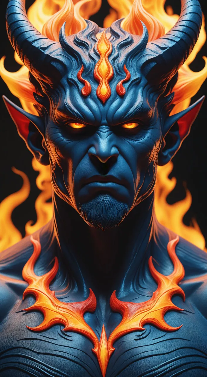 a man with a demon face and flames on his chest