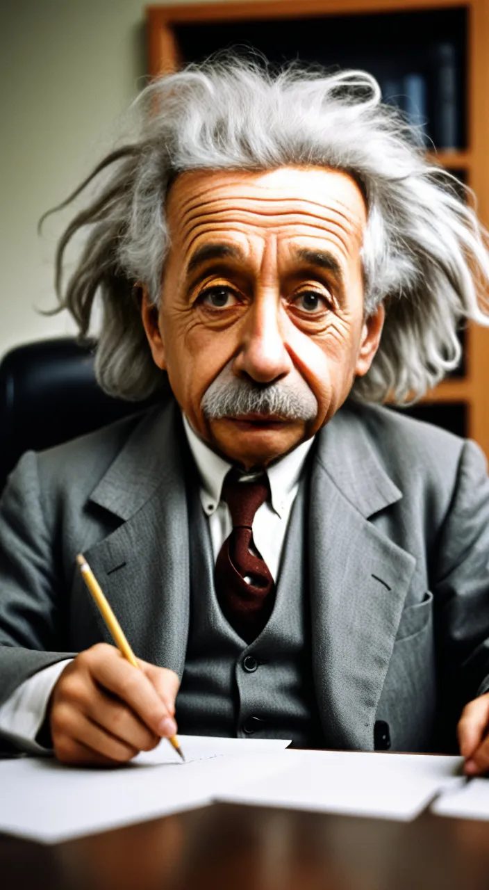 Einstein sitting unhappy at a desk with a pencil in his hand