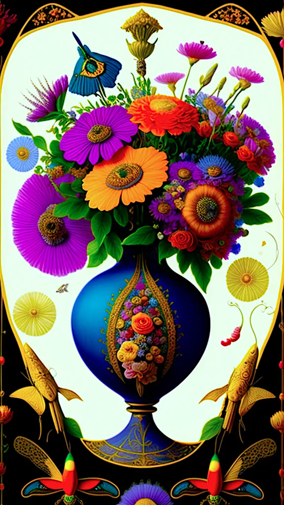 a painting of a blue vase filled with colorful flowers. flower, plant, petal, flower arranging, art, event, vase, floral design, flowering plant, cut flowers