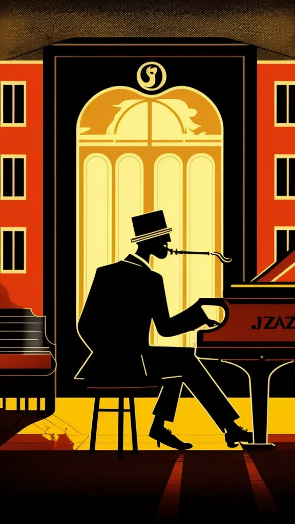 a man sitting at a piano in front of a red building. font, art, illustration, graphic design, visual arts, rectangle
