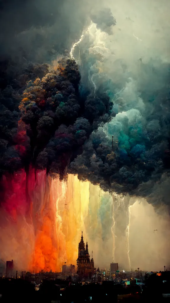 a very colorful picture of a very tall building. cloud, atmosphere, sky, world, light, paint, natural landscape, body of water, atmospheric phenomenon, cumulus