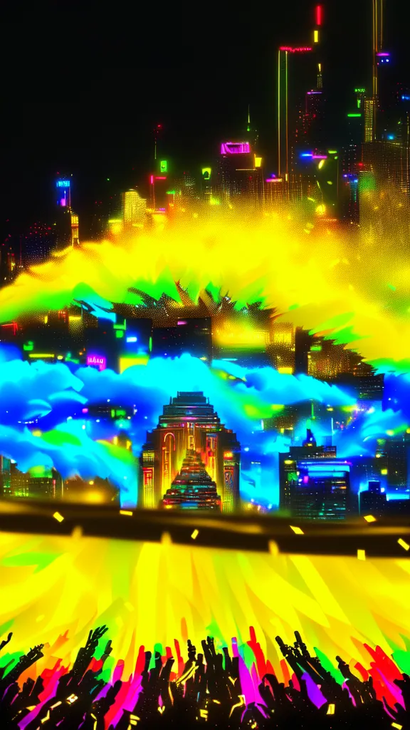 a colorful picture of a city at night. world, building, light, green, nature, lighting, entertainment, architecture, line, visual effect lighting