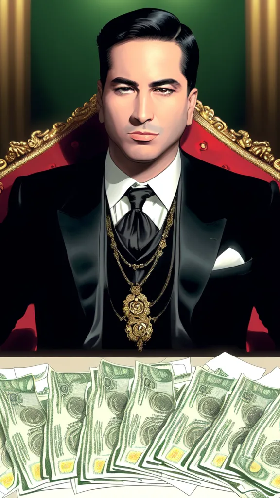 a man in a suit and tie sitting in a chair with money. tie, sleeve, yellow, collar, blazer, dress shirt, fashion design, formal wear, jewellery, suit