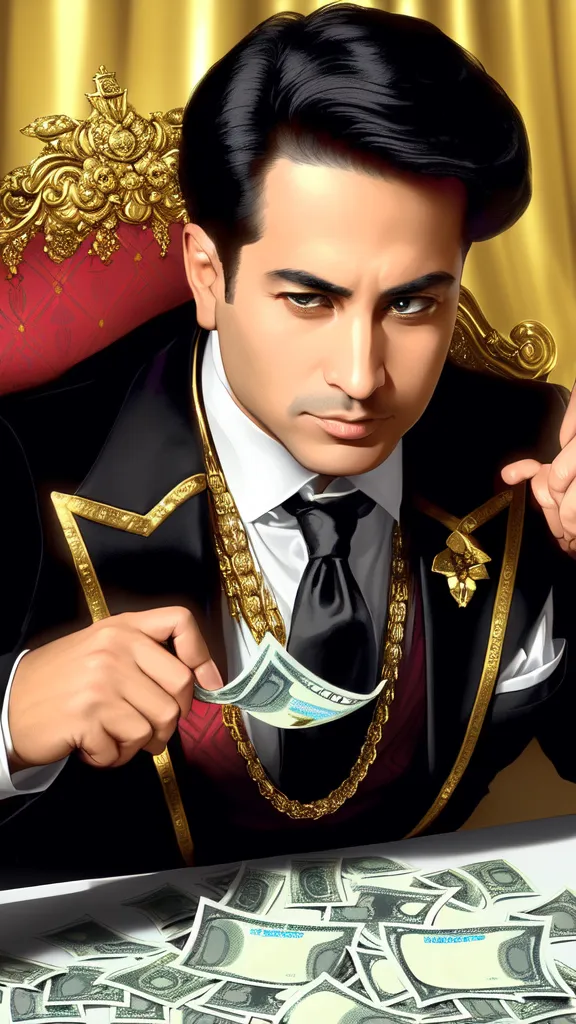 a painting of a man in a suit holding money. forehead, chin, hairstyle, facial expression, tie, neck, dress shirt, collar, eyelash, cool