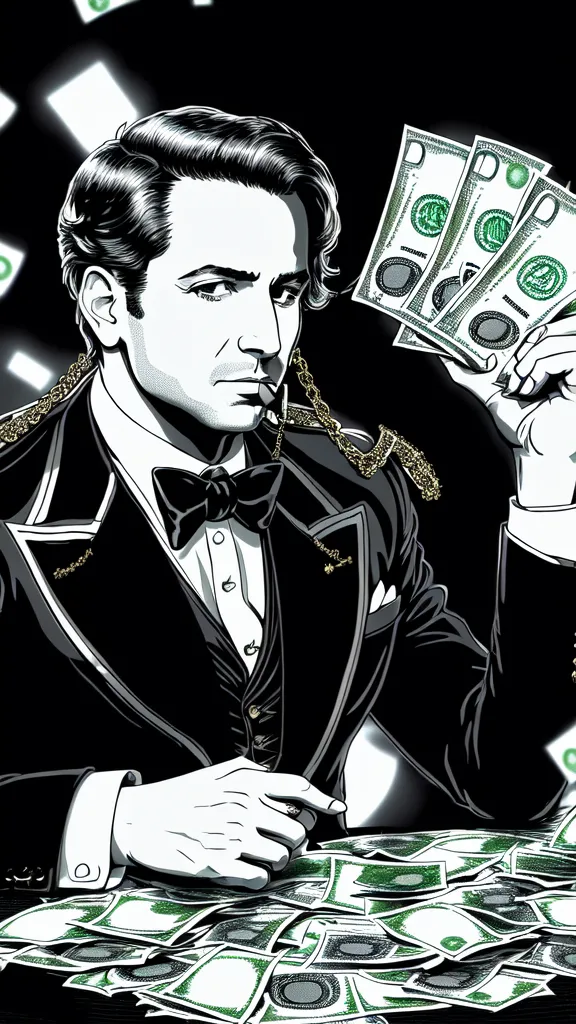 a man in a tuxedo holding a bunch of money. sleeve, art, cool, font, fictional character, illustration, drawing, graphics, painting, formal wear