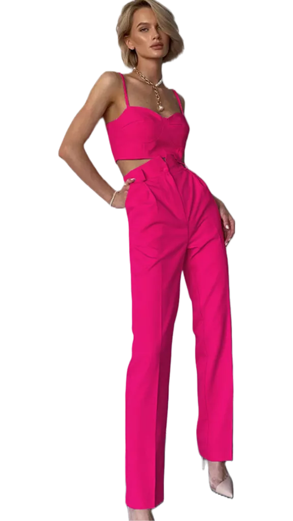 a woman in a pink top and pants. arm, shoulder, neck, purple, waist, one-piece garment, sleeve, dress, violet, fashion design
