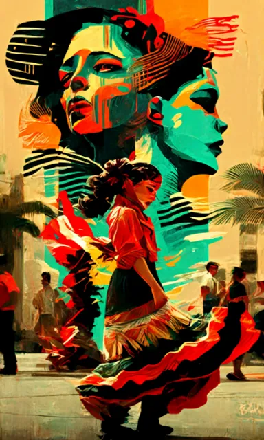 a painting of a woman walking down a street