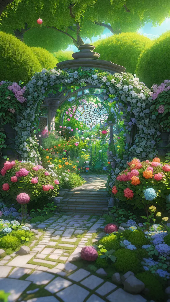 a painting of a garden with different-colored flowers and a pathway. make the flowers different shapes and colors