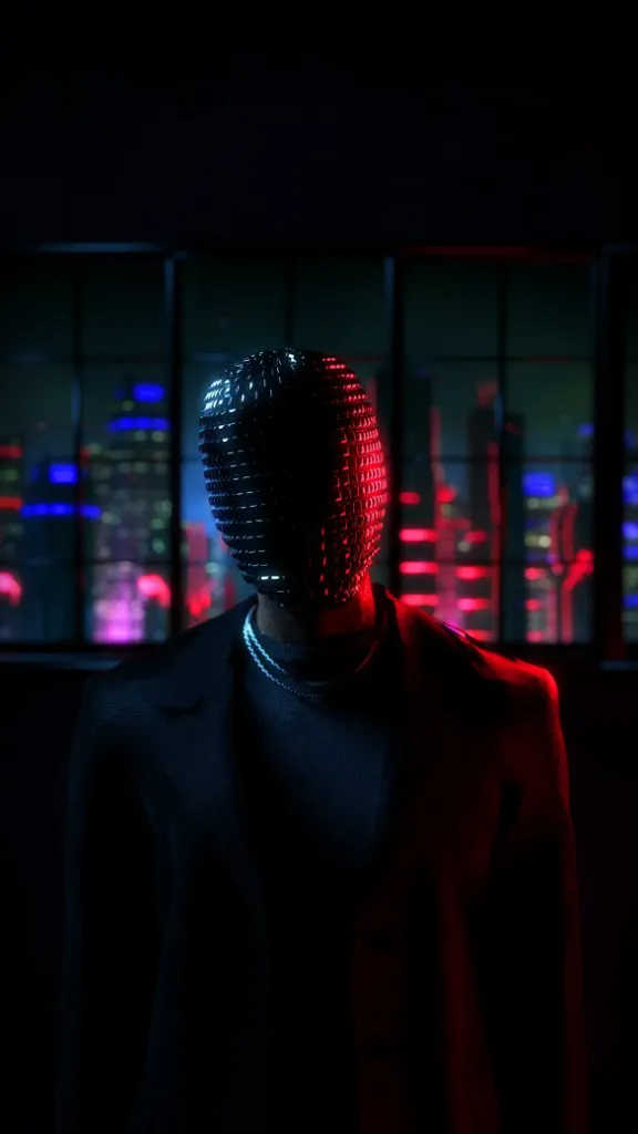 Studio Photo With Dark Man In Gloss Mask - By Greg Rutkowski. standing in middle of shot, while standing in futuristic city, half human half AI robots walking by, ex machina beautiful beings. 4k resolution, man in all black gloss mask, man in all black gloss, balenciaga style, futuristic background, cyberpunk helmet, trending on artstation, sharp focus, studio photo, intricate details, highly detailed, by greg rutkowski, 4k resolution, compos