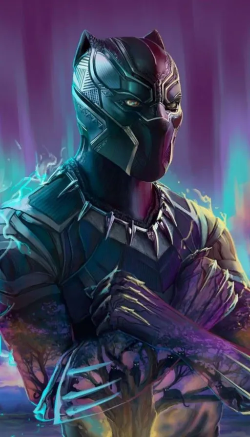 A Black Panther Sitting on Top of a Purple Background. Add a layer of cyan