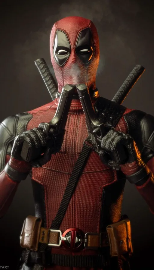 a deadpool character with guns in his hands