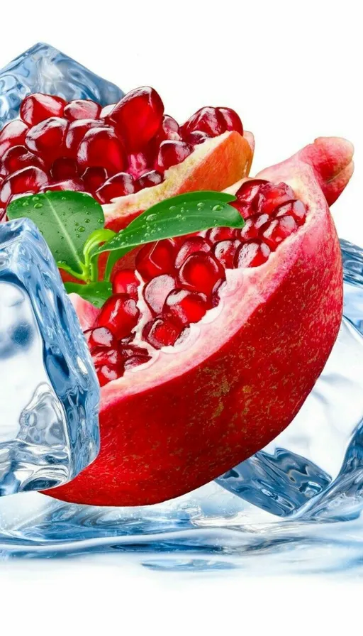 a pomegranate is cut in half on ice