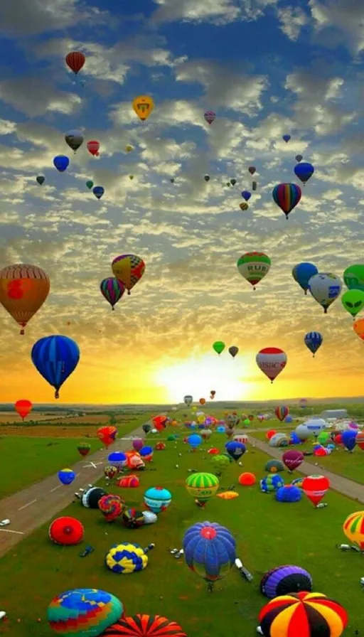 a field full of hot air balloons flying with wings and/or feathers. Give them all wings and/or feathers