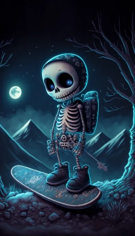 a skeleton is standing on a skateboard in the woods