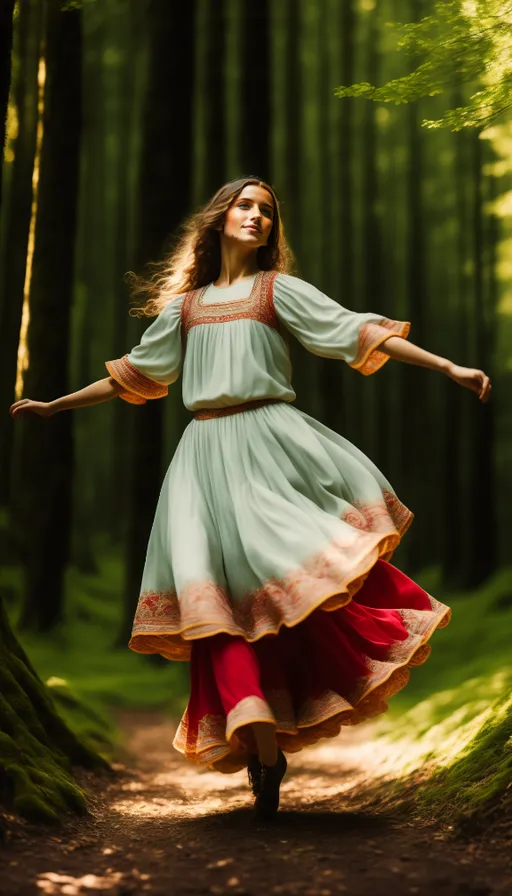 a woman in a dress is dancing in the woods