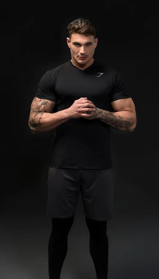 A man in a black shirt and black shorts at the gym. Change the background in gym  and make giant bodybuilder