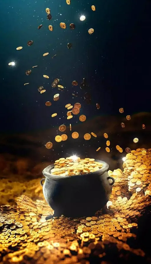 a pot full of gold coins floating in the air