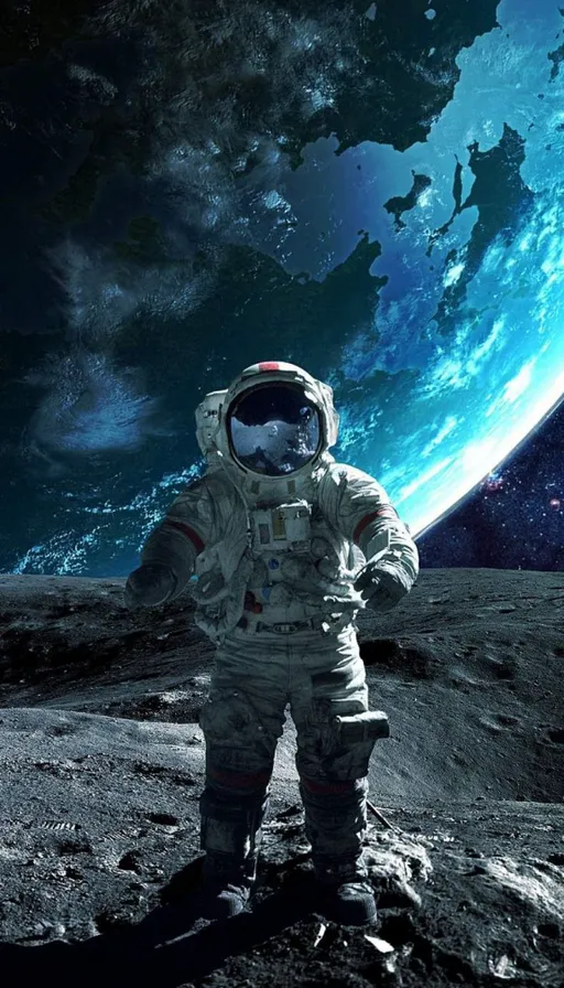 an astronaut standing on the surface of the moon The astronaut is replaced with a character from a 1980s video game