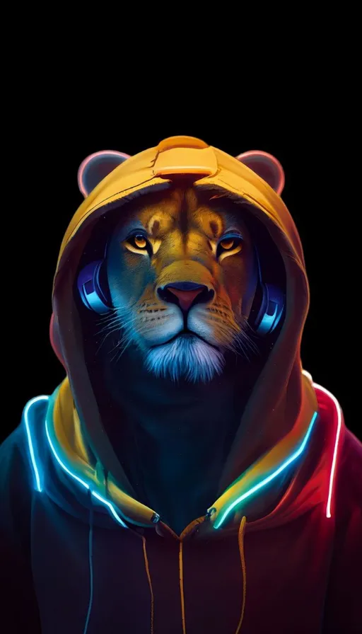 a lion wearing a green hoodie with glowing eyes. Change the color of the glow to green