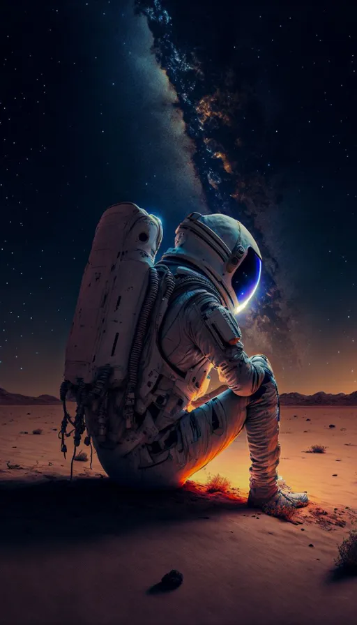 an astronaut sitting in the middle of a desert. As a painting on the wall of a room