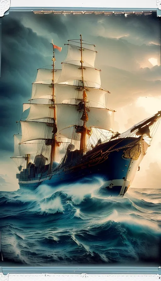 a painting of a sailing ship in the ocean