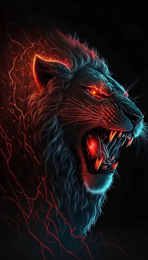 A close up of a lion's face with vivid red eyes. Change the eye colour to all colours and lion look dangerous &lion convert into tiger and dinosaur background changing