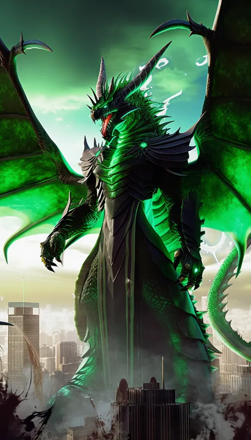 a green dragon standing in front of a city