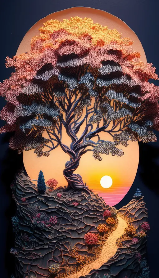 a paper sculpture of a tree at sunset