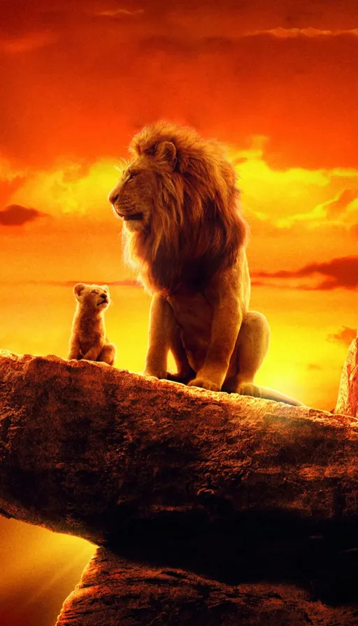 the lion and cub are sitting on top of a rock at sunset