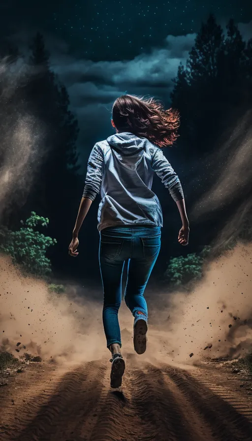 a woman running down a dirt road at night