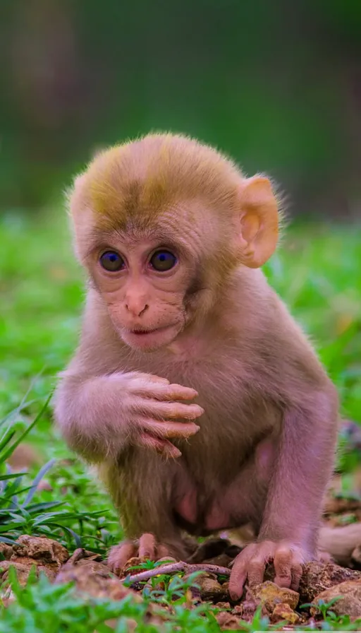 a small monkey sitting on top of a lush green field