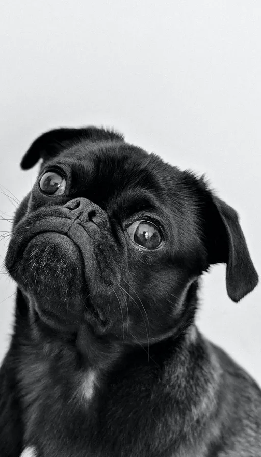 a black pug looking up at the camera