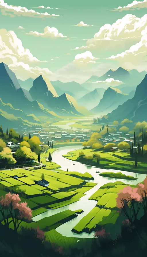 a painting of a valley with a river running through it
