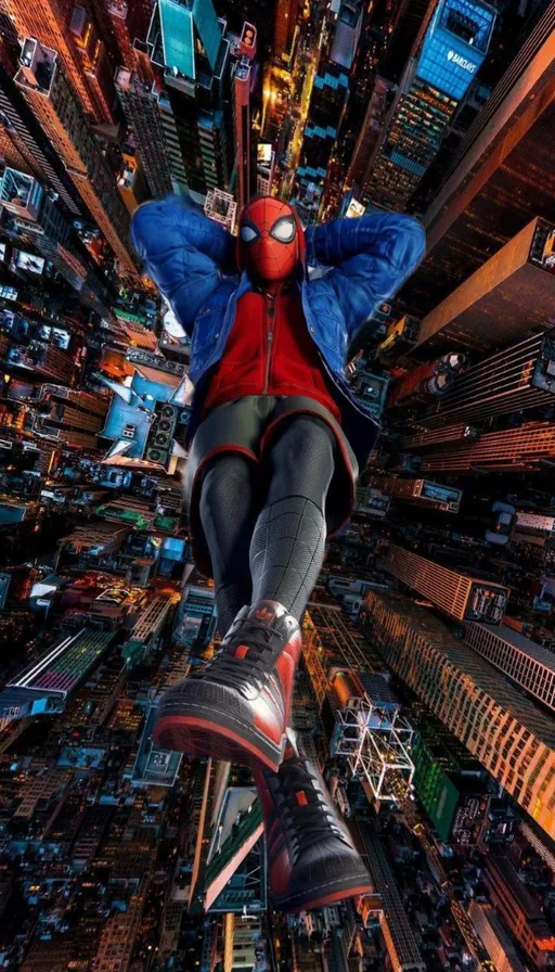 a spider man flying through the air over a city