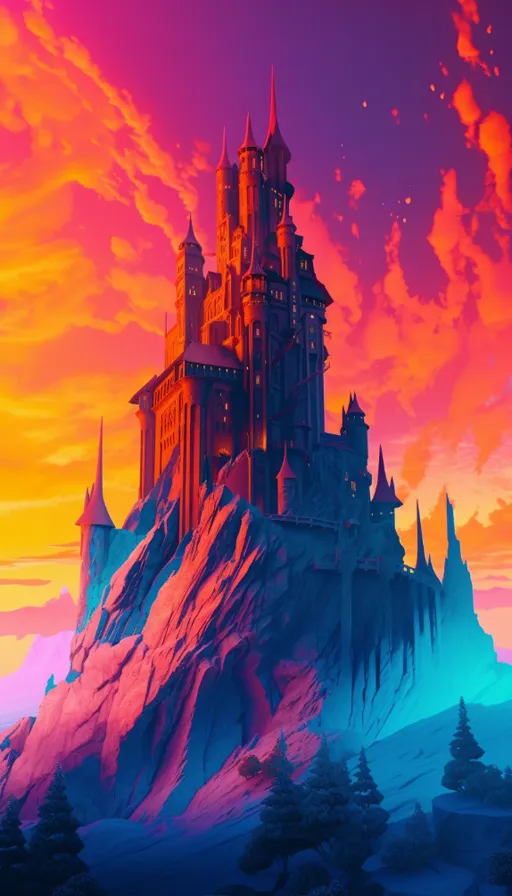 a castle on top of a mountain with a sunset in the background