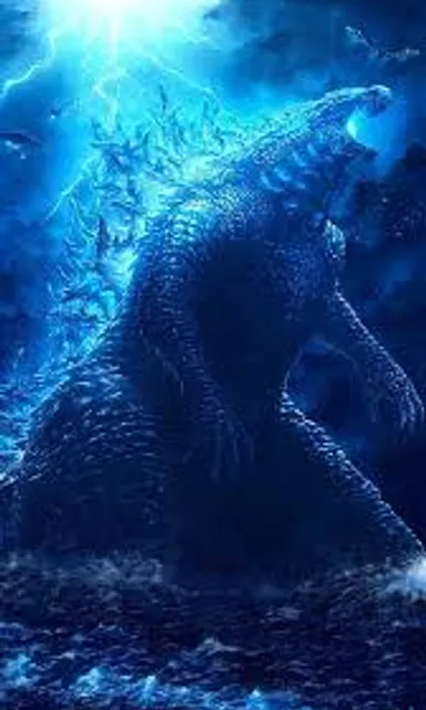 a godzilla is in the water with a bright light above it