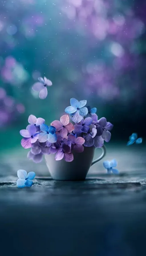 a cup filled with purple flowers on top of a table