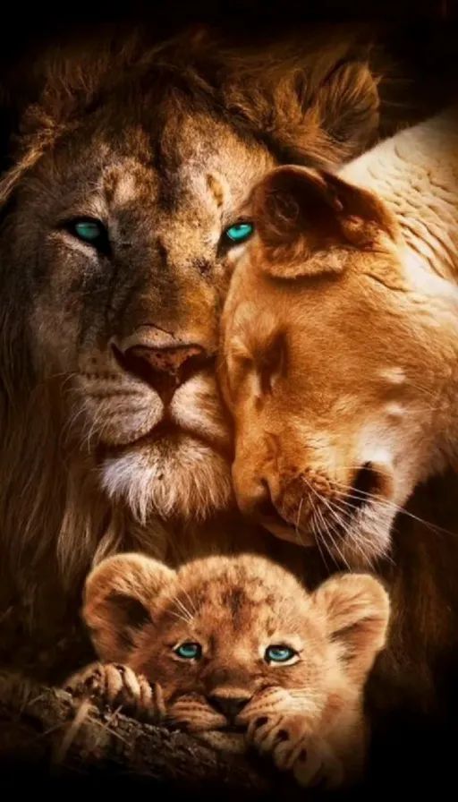 a lion and a lion cub with blue eyes