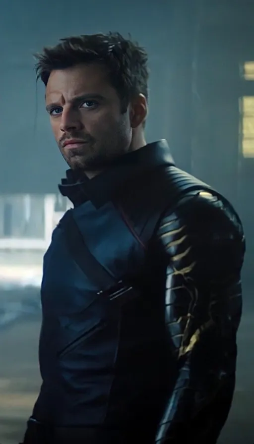 a man in a leather outfit standing in a dark room